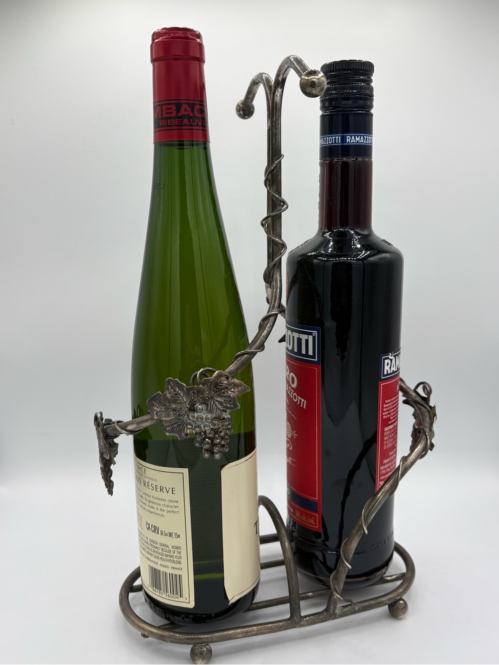 Vintage Grapevine Double Wine Bottle Holder Silver Tone Metal Caddy